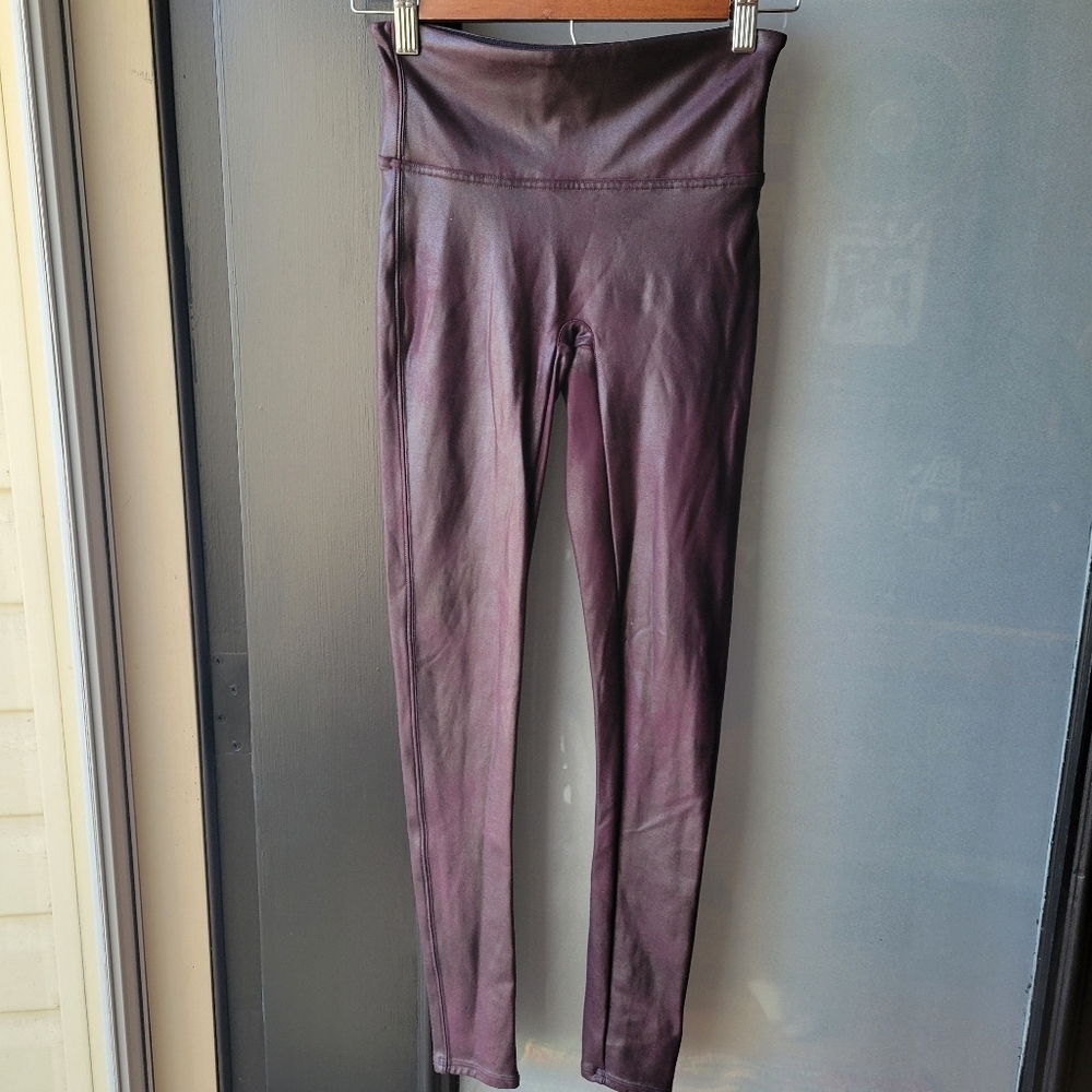 Spanx Leggings Womens SP Brown Metallic Faux Leather Pants Shiny Stretch Bodycon - Picture 2 of 7